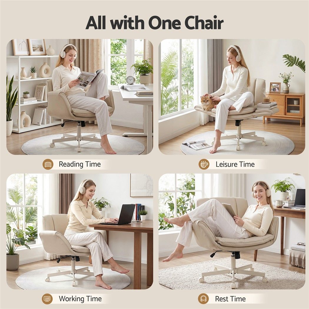 Artiss Cross Legged Office Chair Wide Seat PU Leather Swivel Vanity Chair Beige