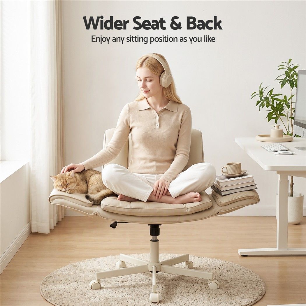 Artiss Cross Legged Office Chair Wide Seat PU Leather Swivel Vanity Chair Beige