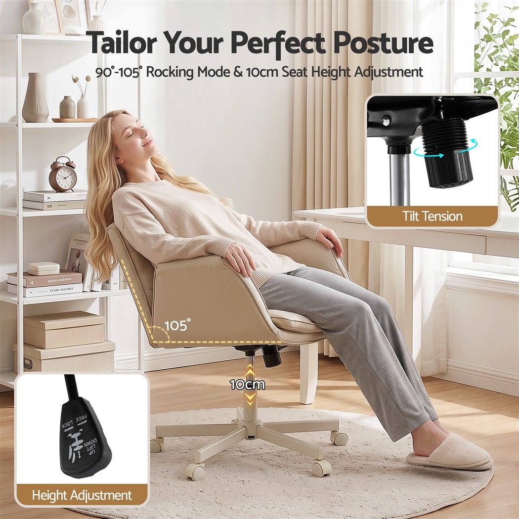Artiss Cross Legged Office Chair Wide Seat PU Leather Swivel Vanity Chair Beige