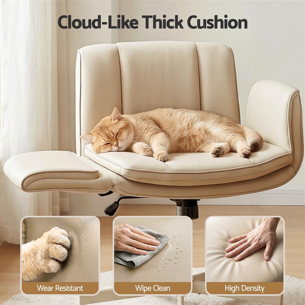 Artiss Cross Legged Office Chair Wide Seat PU Leather Swivel Vanity Chair Beige