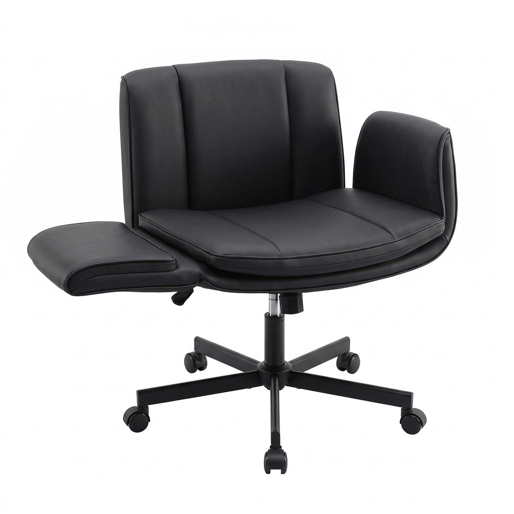 Artiss Cross Legged Office Chair PU Leather Swivel Vanity Chair Wide Seat Adjustable Arms Black