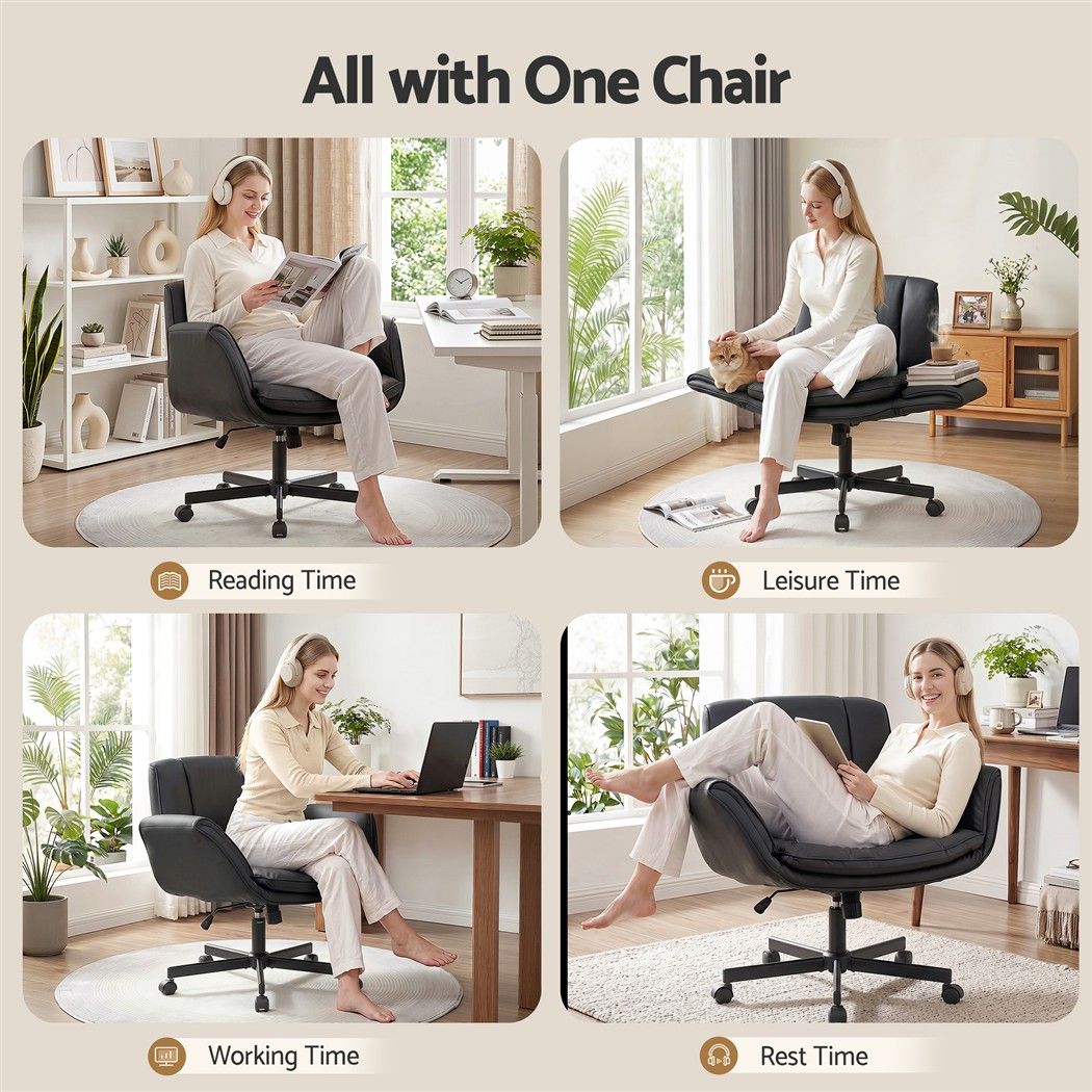 Artiss Cross Legged Office Chair PU Leather Swivel Vanity Chair Wide Seat Adjustable Arms Black