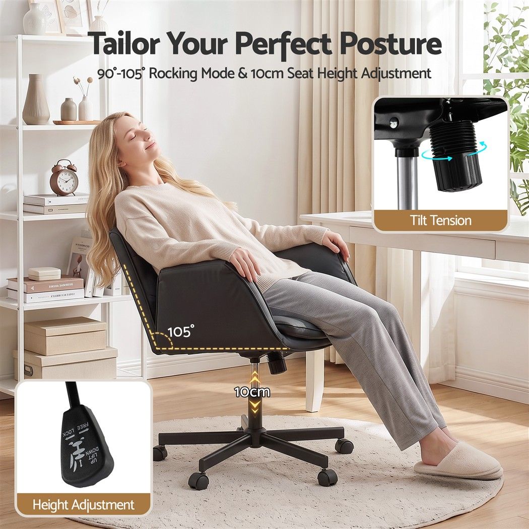 Artiss Cross Legged Office Chair PU Leather Swivel Vanity Chair Wide Seat Adjustable Arms Black