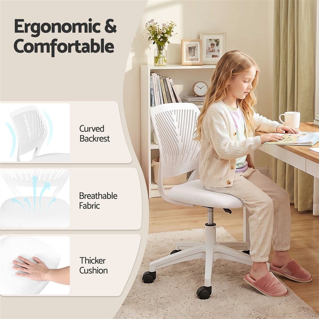 Artiss Ergonomic Office Chair Armless Study Chair Height Adjustable for Girls Boys Teens White