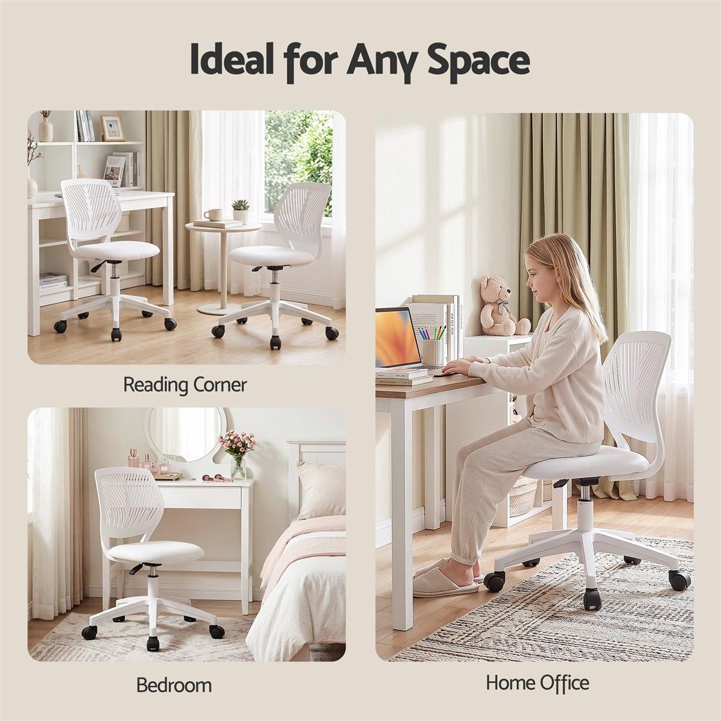 Artiss Ergonomic Office Chair Armless Study Chair Height Adjustable for Girls Boys Teens White