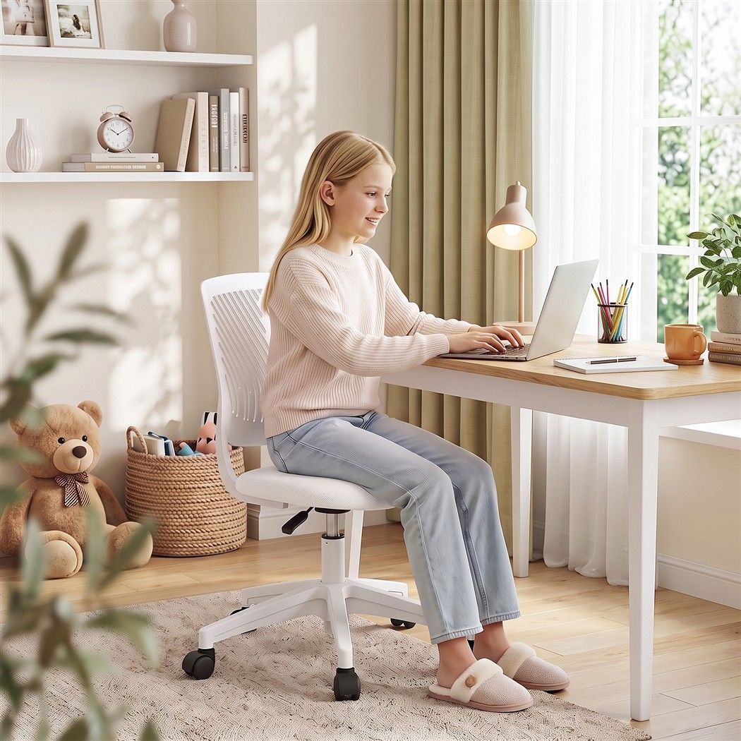 Artiss Ergonomic Office Chair Armless Study Chair Height Adjustable for Girls Boys Teens White