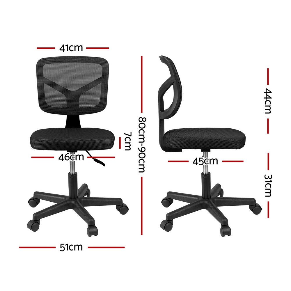 Armless Office Chair with Wheels, Ergonomic 360° Swivel Home Office Desk Chair, Height Adjustable Computer Task Chair with Fabric Back and Seat for Small Space, Black