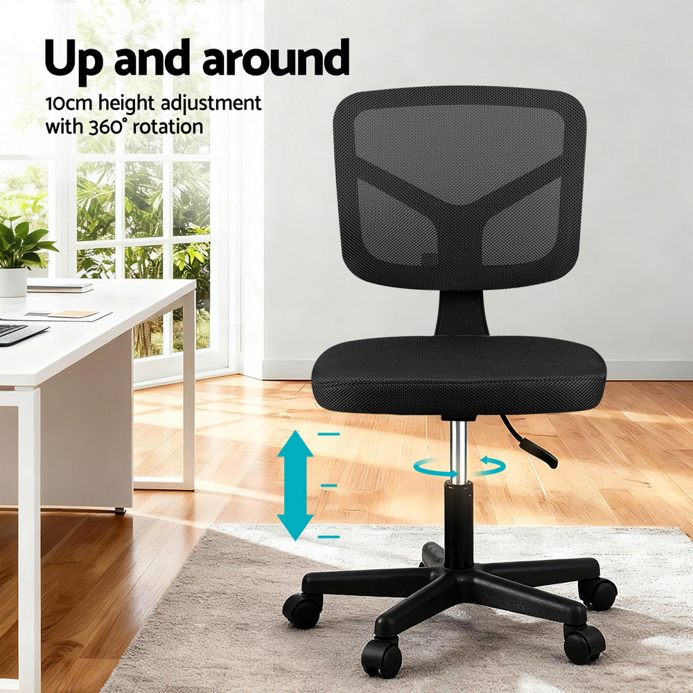 Armless Office Chair with Wheels, Ergonomic 360° Swivel Home Office Desk Chair, Height Adjustable Computer Task Chair with Fabric Back and Seat for Small Space, Black