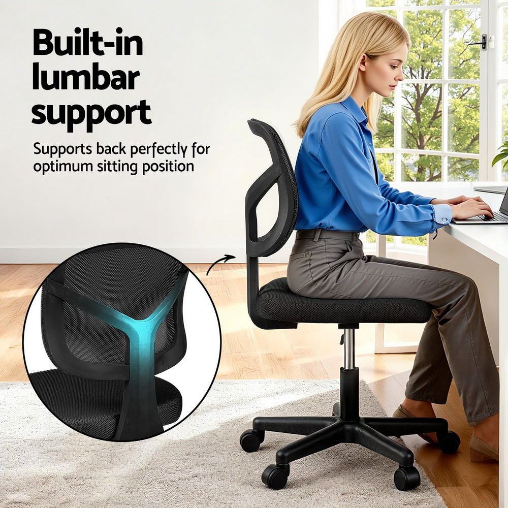 Armless Office Chair with Wheels, Ergonomic 360° Swivel Home Office Desk Chair, Height Adjustable Computer Task Chair with Fabric Back and Seat for Small Space, Black