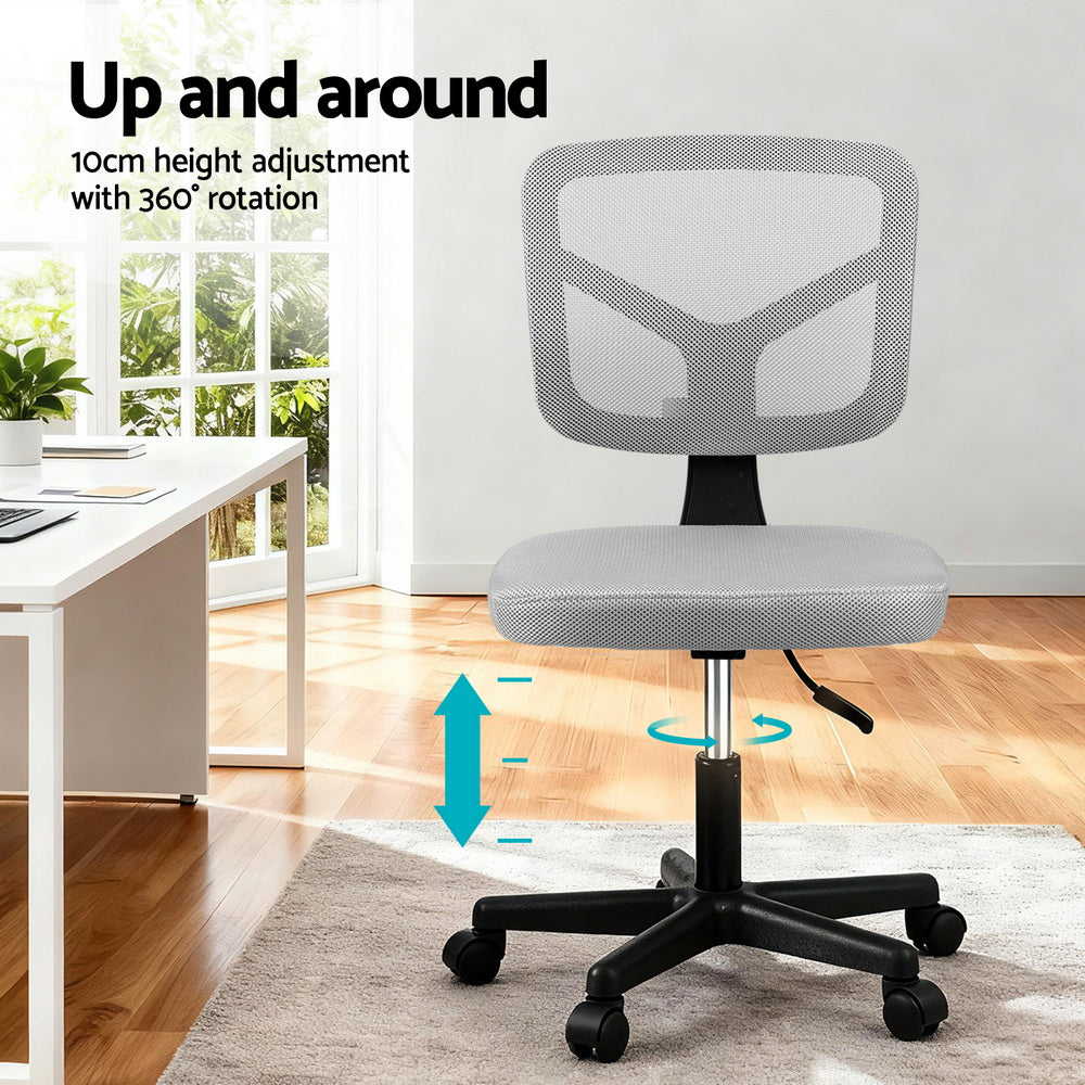 Armless Office Chair with Wheels, Ergonomic 360° Swivel Home Office Desk Chair, Height Adjustable Computer Task Chair with Fabric Back and Seat for Small Space, Grey
