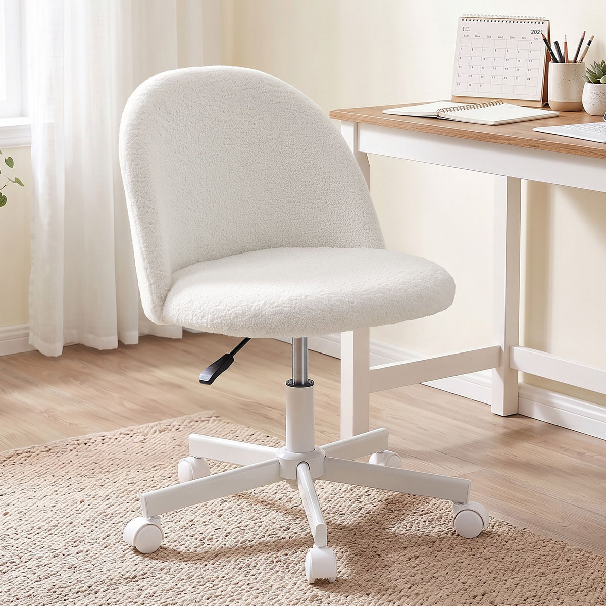 Artiss Office Chair Armless Swivel Vanity Desk Chair with Wheels Teddy Fleece White