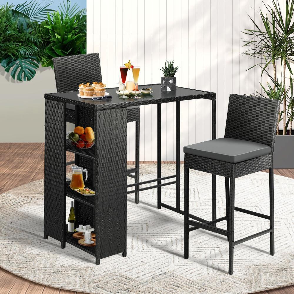 Outdoor Bar Table Stools Set Rattan 3 Piece