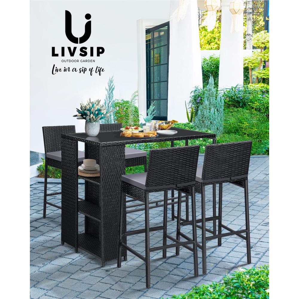 Rattan Outdoor Bar Table Glass Top Steel Frame