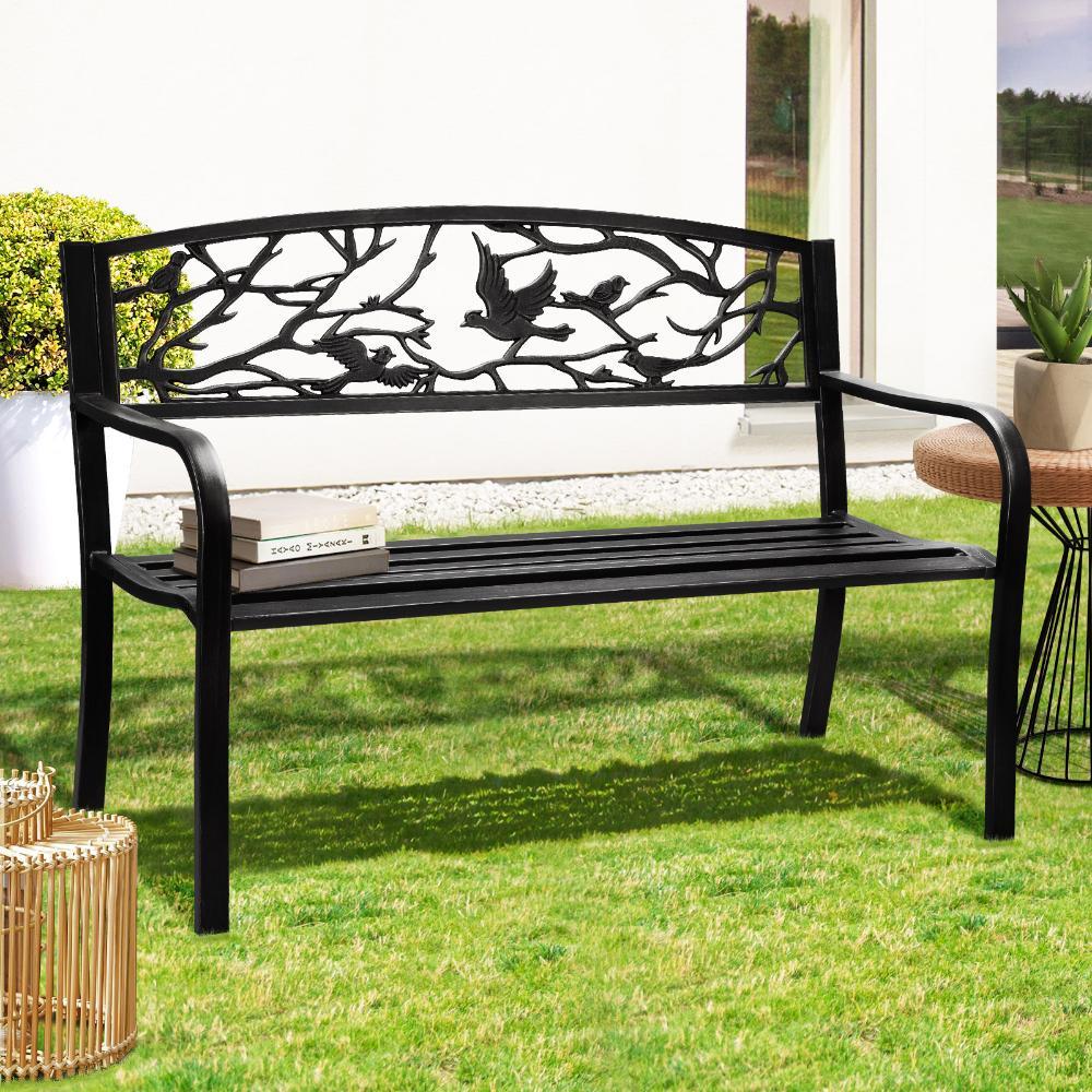 Garden Bench 3 Seater Bird Pattern Black