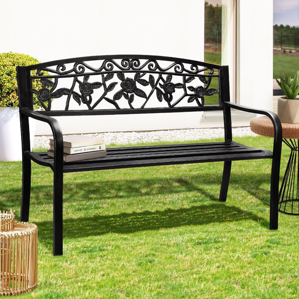 Garden Bench Seat Rose Pattern Black