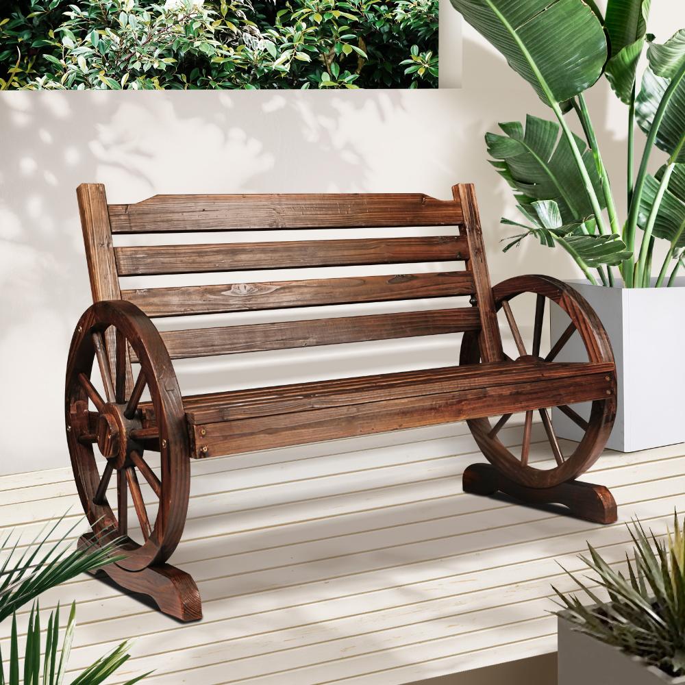 Wooden Garden Bench Wagon Wheel Brown