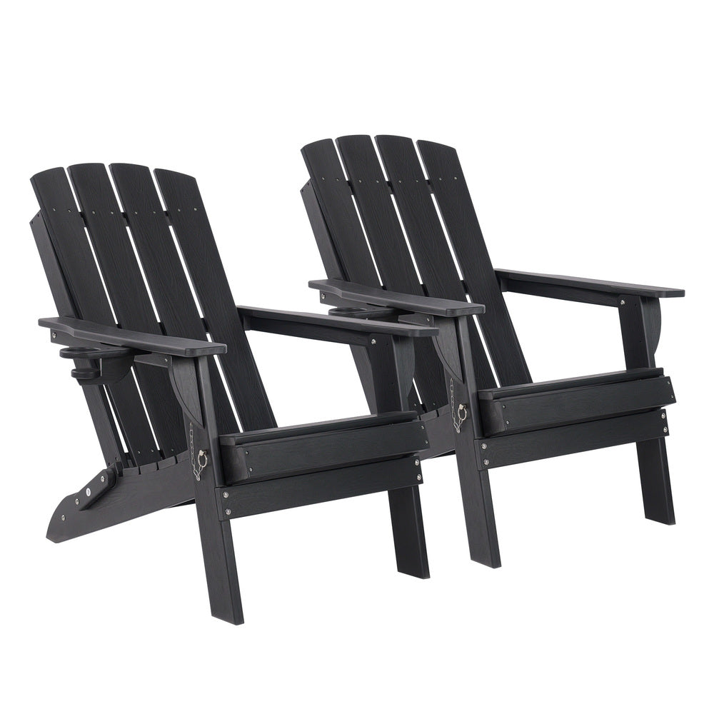 Livsip 2PCS Folding Adirondack Chairs HDPE Outdoor Patio Chair Cup Holder Black