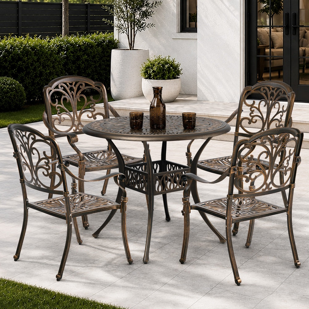 5 Piece Outdoor Dining Set, Patio Bistro Table & Chairs, Cast Aluminium