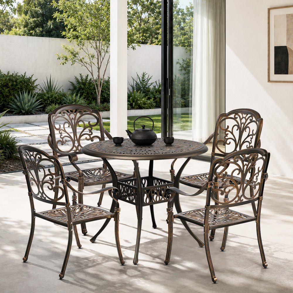 5 Piece Outdoor Dining Set, Patio Bistro Table & Chairs, Cast Aluminium