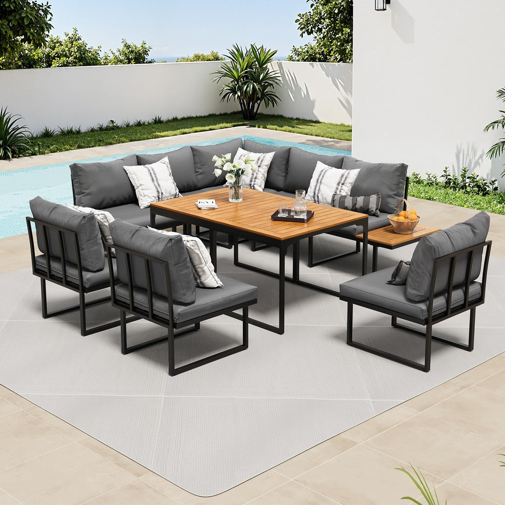 Livsip 8 Seater Outdoor Dining Sofa Set with Side Table Grey