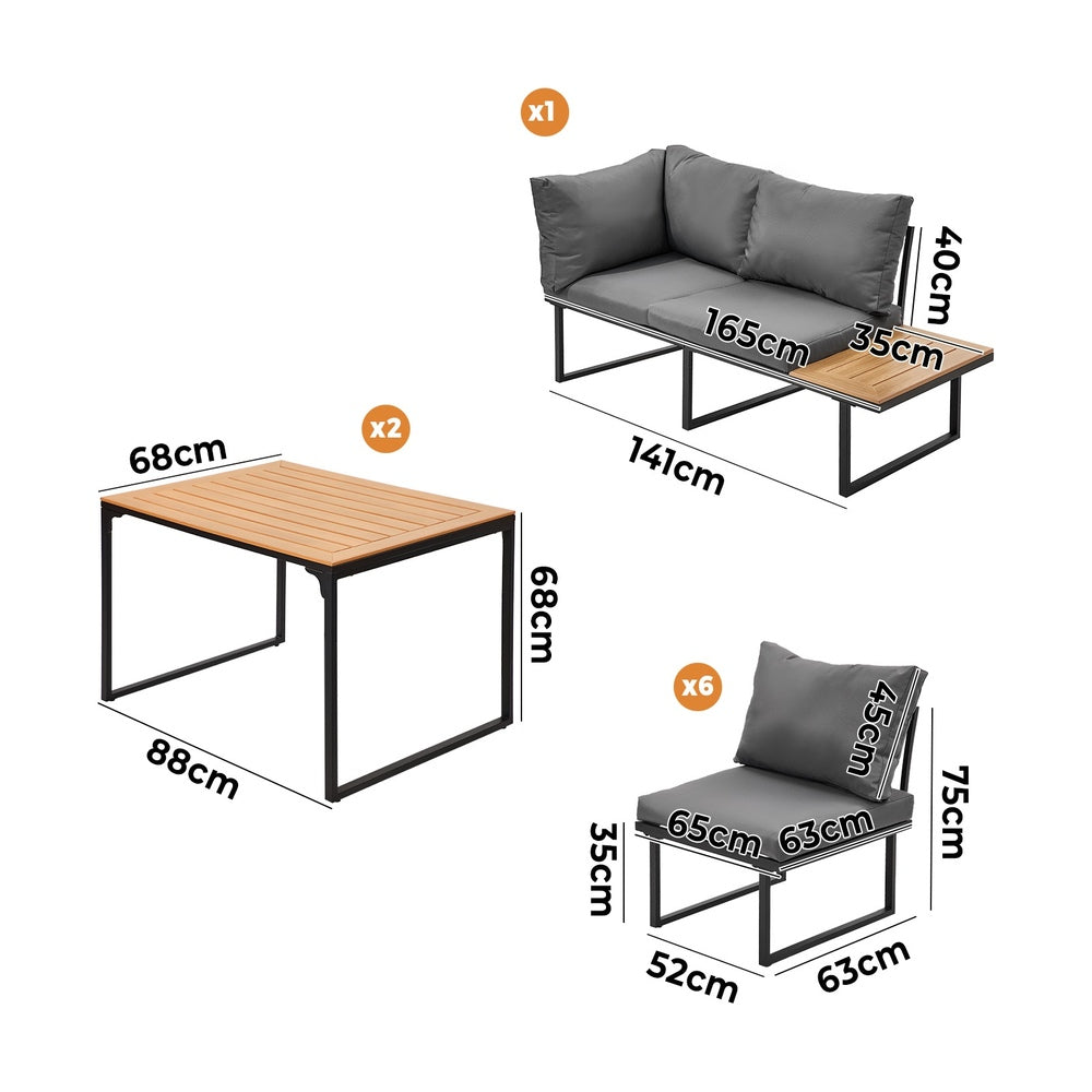 Livsip 8 Seater Outdoor Dining Sofa Set with Side Table Grey