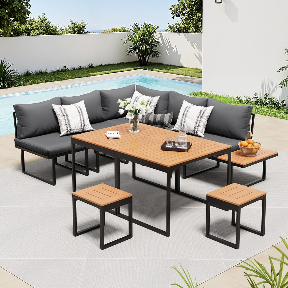 Livsip 7 Seater Outdoor Dining Set Sofa Lounge Patio Table Stool Grey