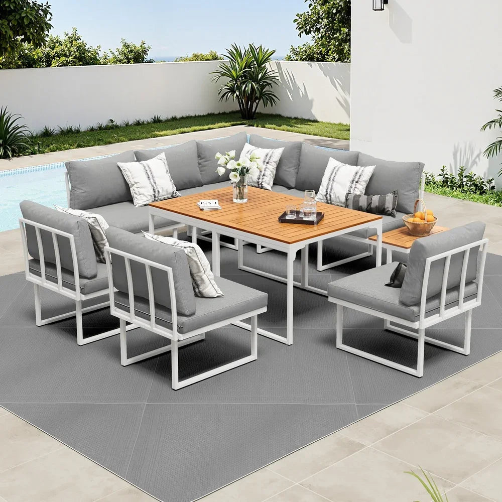 8 Seater Outdoor Dining Sofa Set with Side Table White