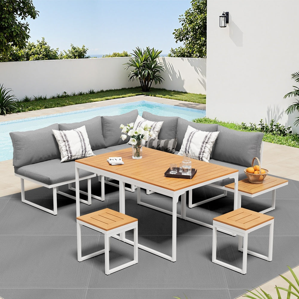 7 Seater Outdoor Dining Set Sofa Lounge Patio Table Stool White