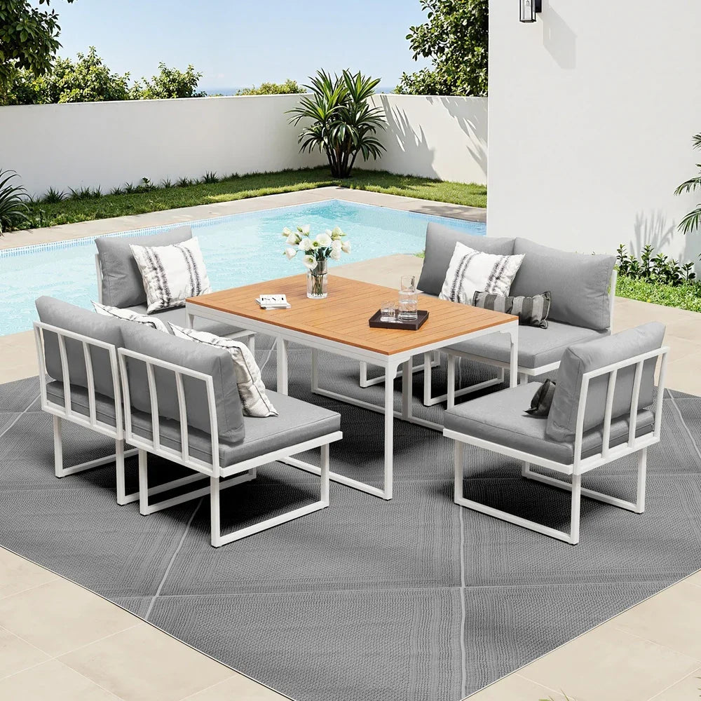 6 Seater Outdoor Dining Sofa Set with Cushions White