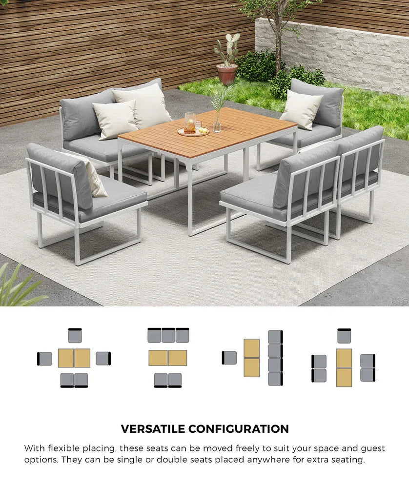 6 Seater Outdoor Dining Sofa Set with Cushions White