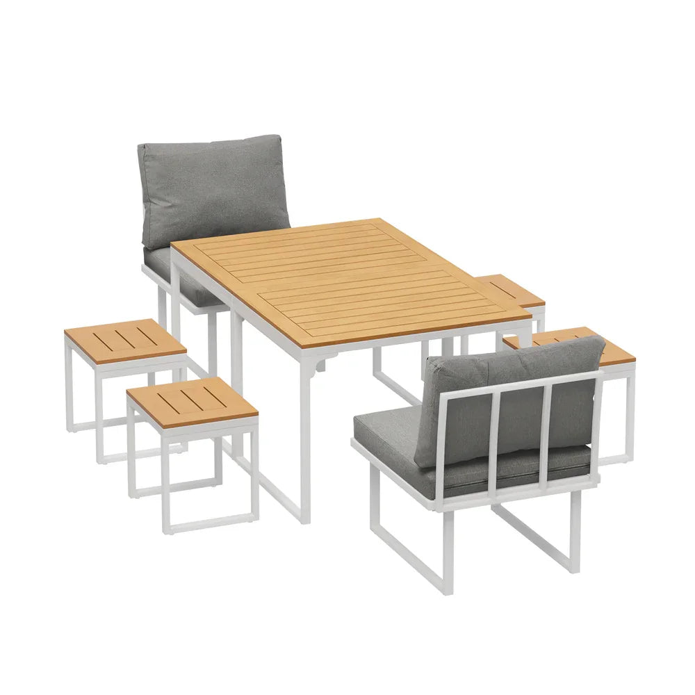6 Seater Outdoor Dining Set Sofa Lounge Patio Ottoman White
