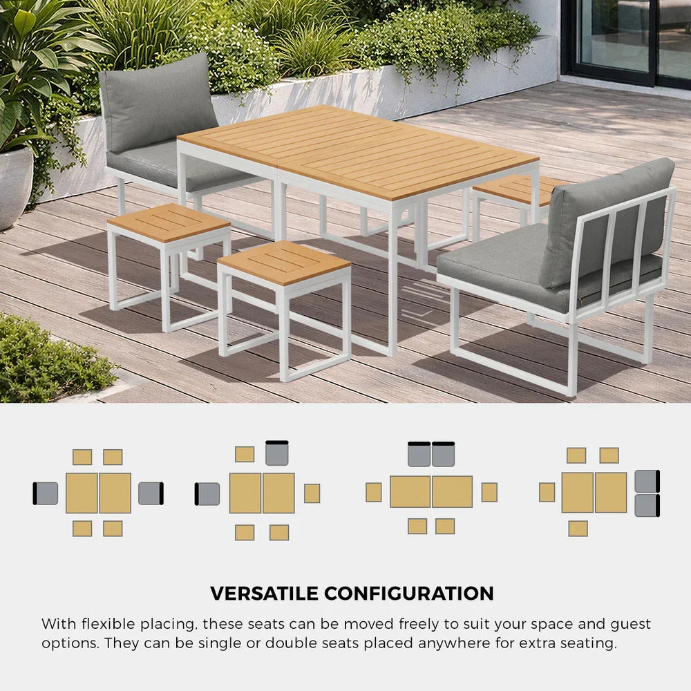 6 Seater Outdoor Dining Set Sofa Lounge Patio Ottoman White