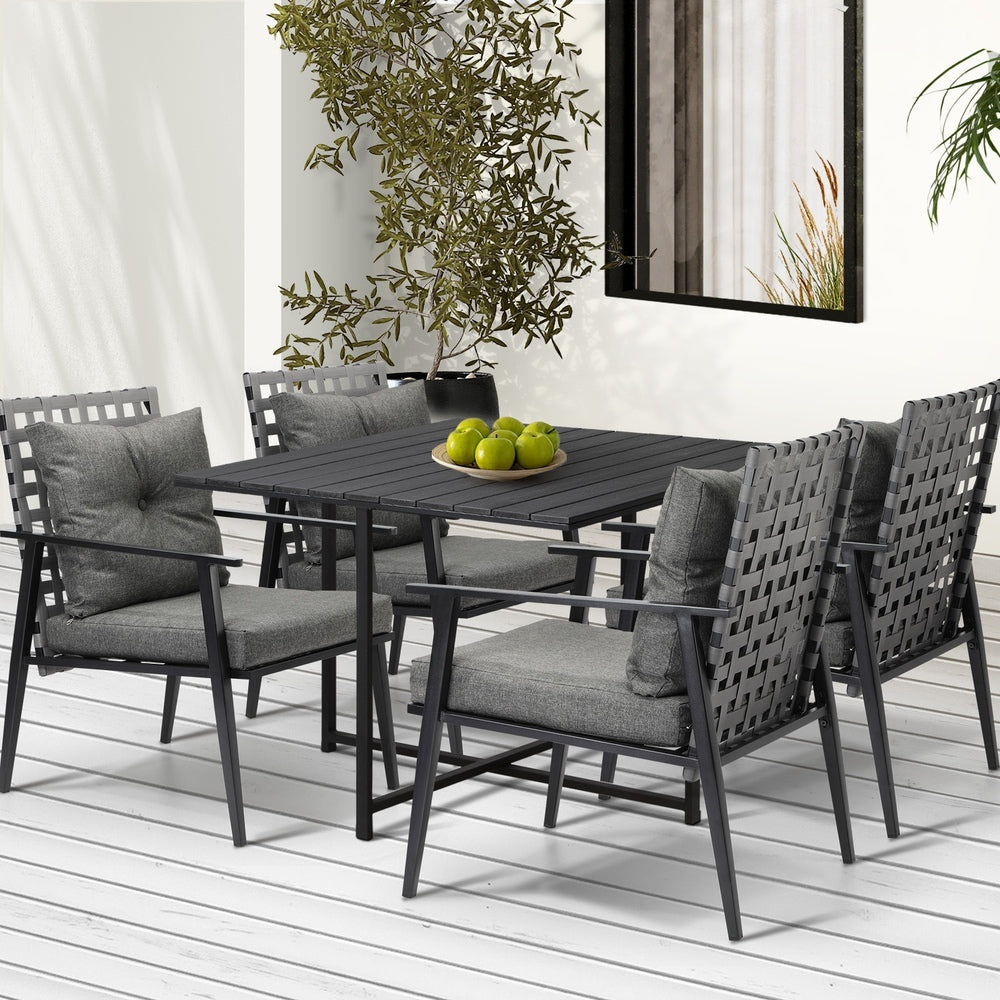 5PCS Outdoor Dining Set Black Table and Rattan Chairs