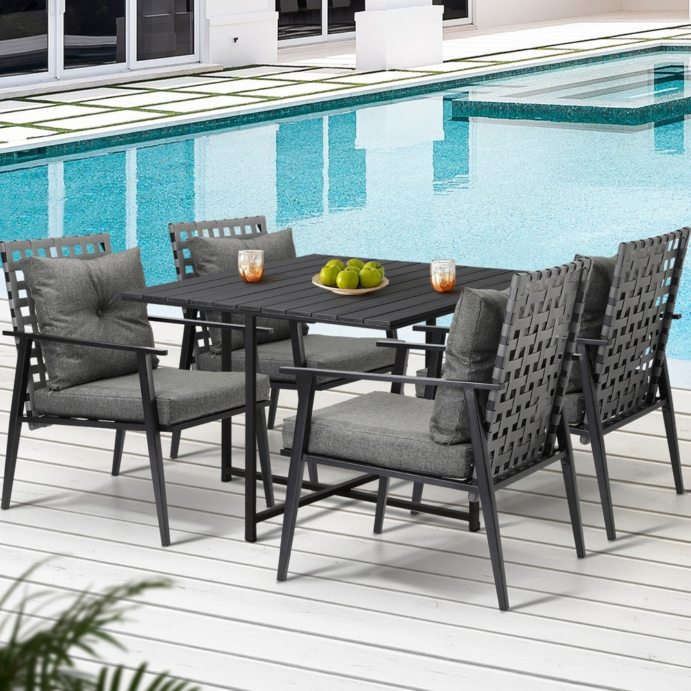 5PCS Outdoor Dining Set Black Table and Rattan Chairs