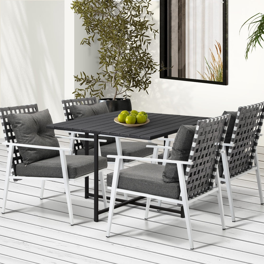 Outdoor Dining Set Balck Table Rattan White Chairs 5PC