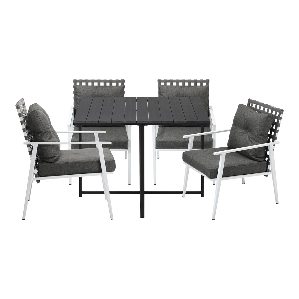 Outdoor Dining Set Balck Table Rattan White Chairs 5PC