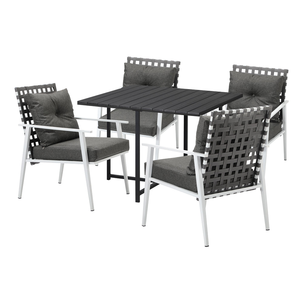 Outdoor Dining Set Balck Table Rattan White Chairs 5PC