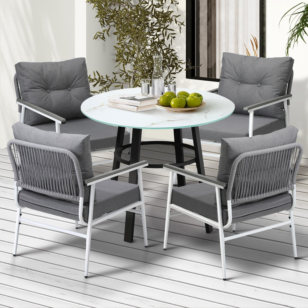 Outdoor Dining Set 4 Seater Marble Tempered Glass Table