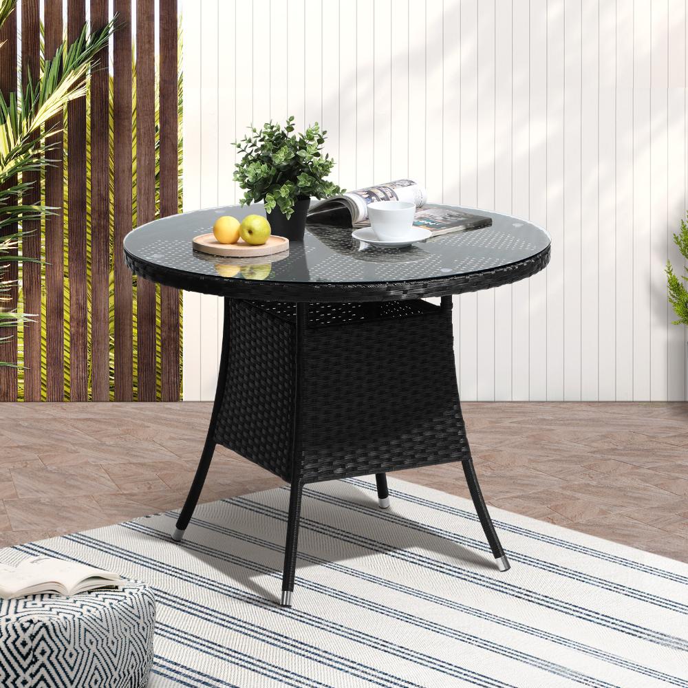 Outdoor Dining Table 90CM Glass Tabletop Black Rattan