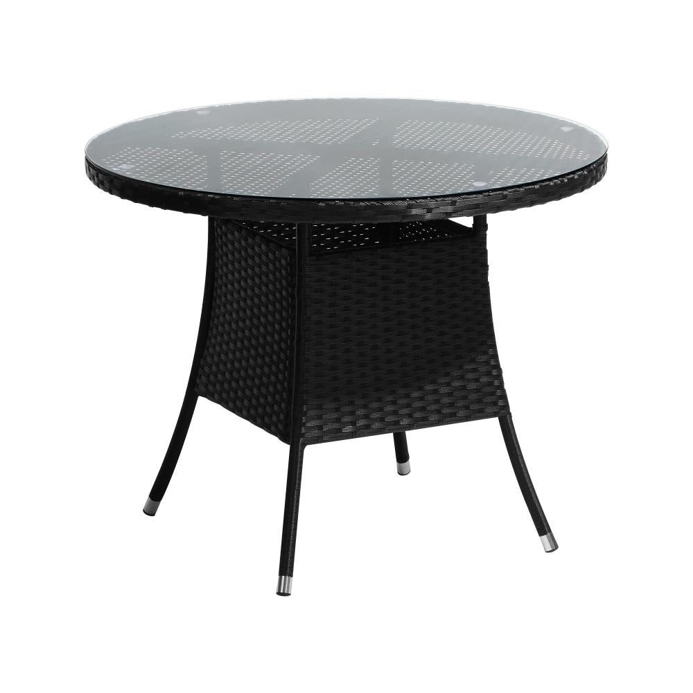 Outdoor Dining Table 90CM Glass Tabletop Black Rattan