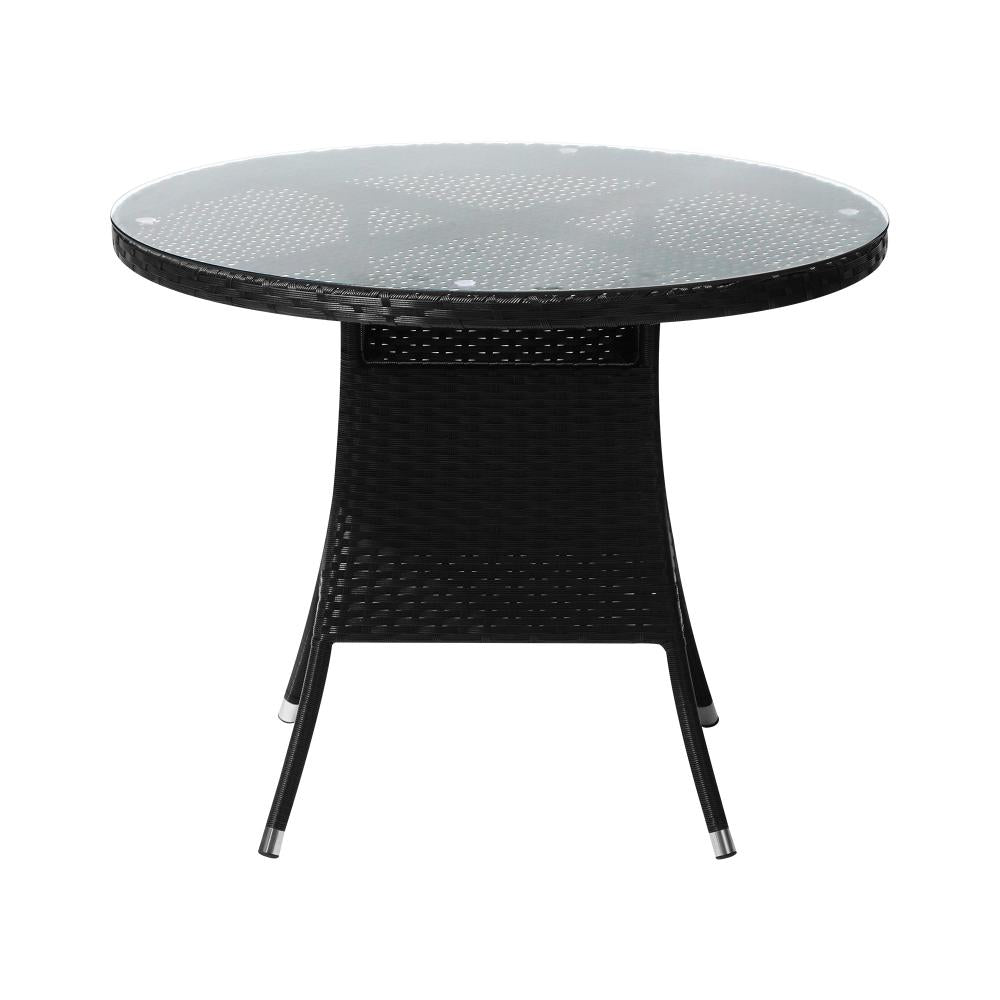 Outdoor Dining Table 90CM Glass Tabletop Black Rattan