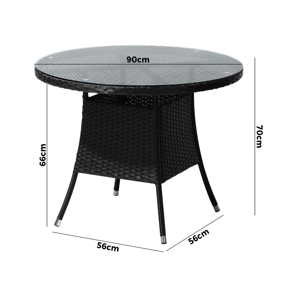 Outdoor Dining Table 90CM Glass Tabletop Black Rattan