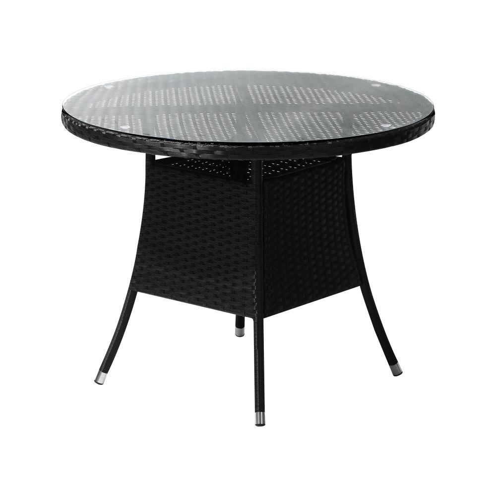 Outdoor Dining Table 90CM Glass Tabletop Black Rattan