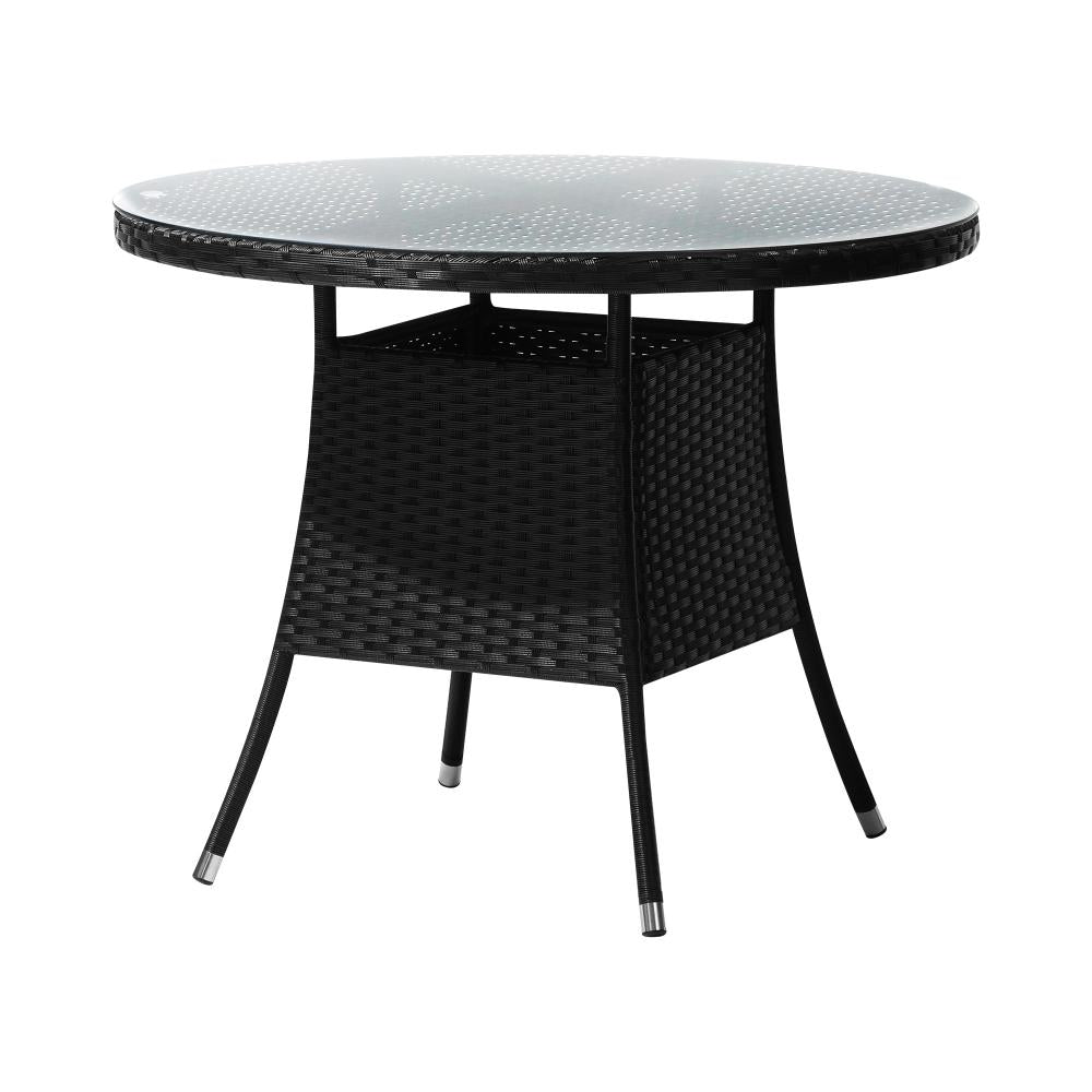 Outdoor Dining Table 90CM Glass Tabletop Black Rattan