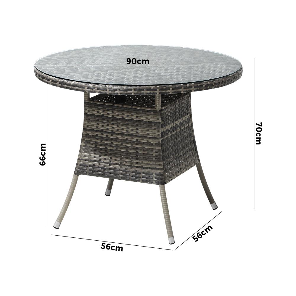 90CM Outdoor Dining Table Glass Tabletop Grey Rattan
