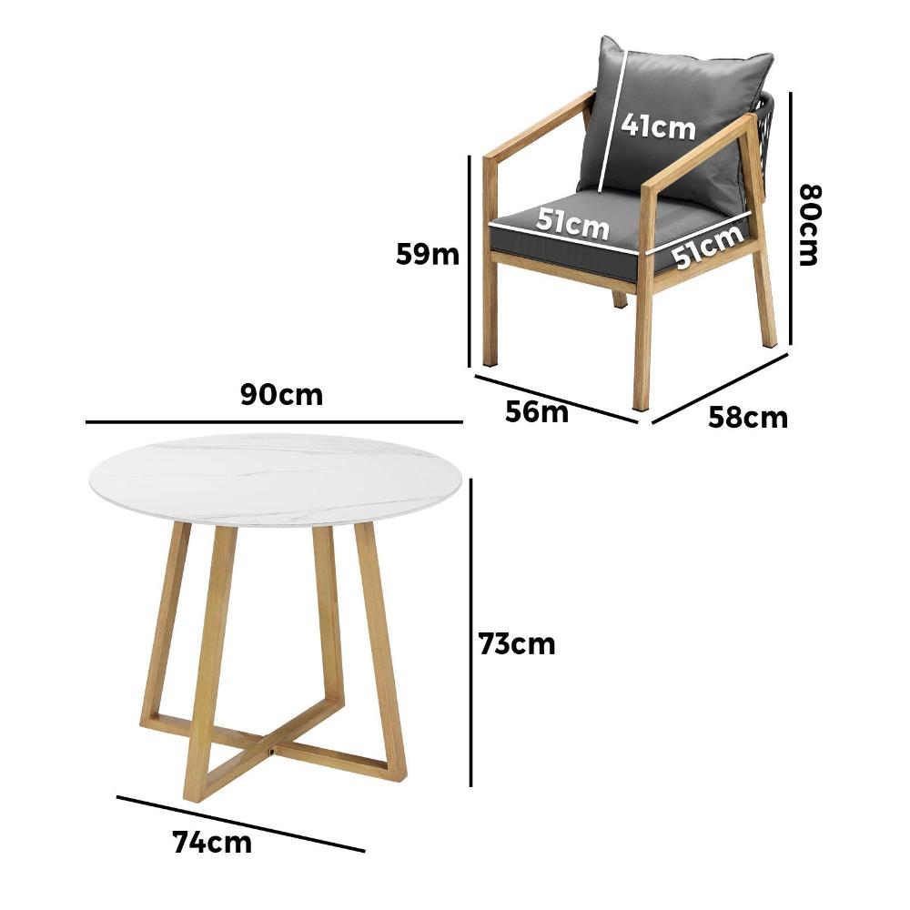 3PCS Outdoor Dining Set 90cm Table&Lounge Chairs