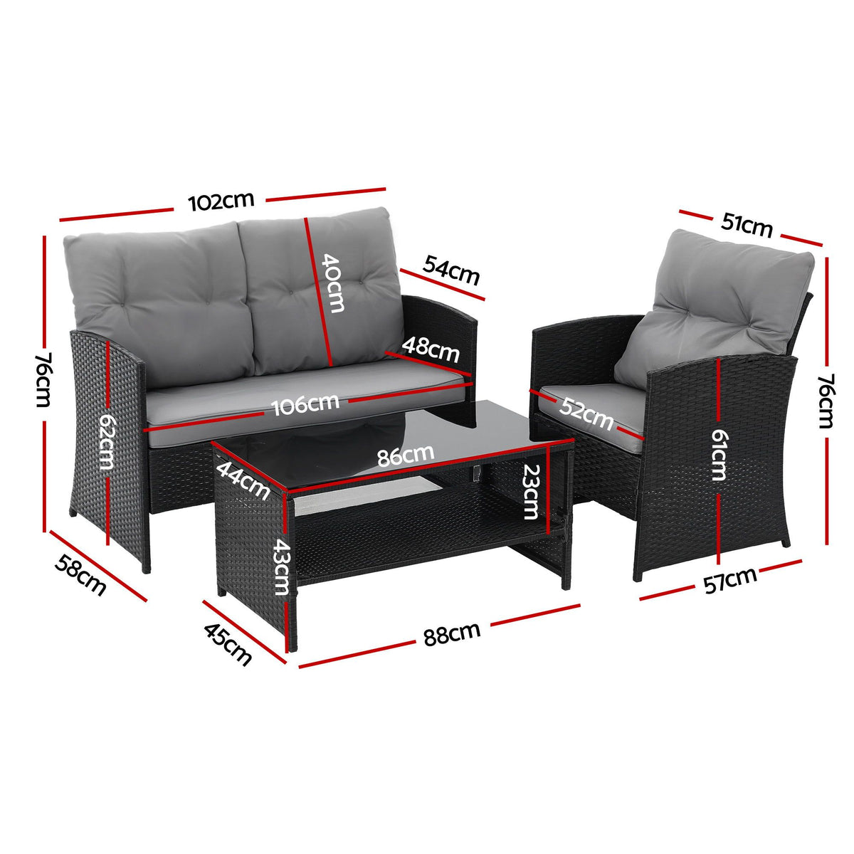 4-Piece Outdoor Sofa Set Coffee Table Chair Rattan Furniture Black