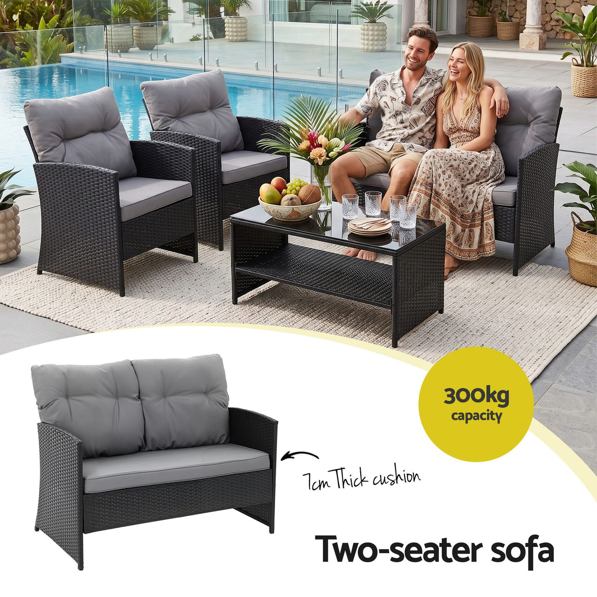 4-Piece Outdoor Sofa Set Coffee Table Chair Rattan Furniture Black