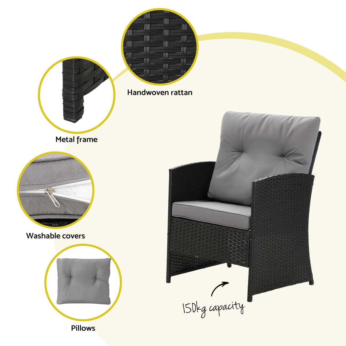 4-Piece Outdoor Sofa Set Coffee Table Chair Rattan Furniture Black