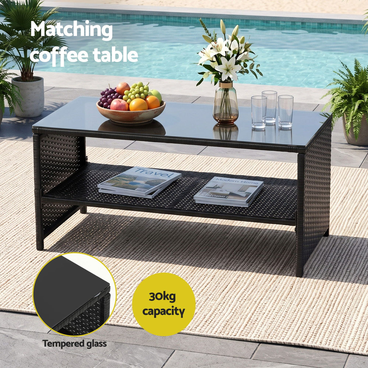 4-Piece Outdoor Sofa Set Coffee Table Chair Rattan Furniture Black